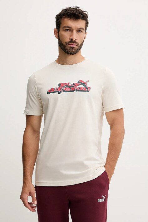 Puma t-shirt bawełniany męski kolor beżowy wzorzysty 632111