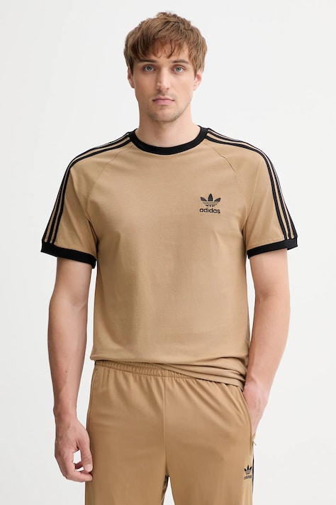 adidas Originals tricou din bumbac 3-Stripes Tee culoarea bej, cu imprimeu, JY1370