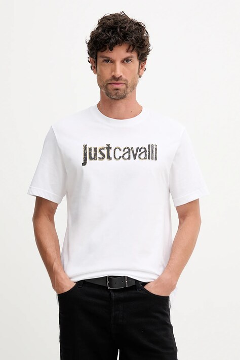 Bavlněné tričko Just Cavalli pánské, bílá barva, s potiskem, 79OAHT16 CJ500