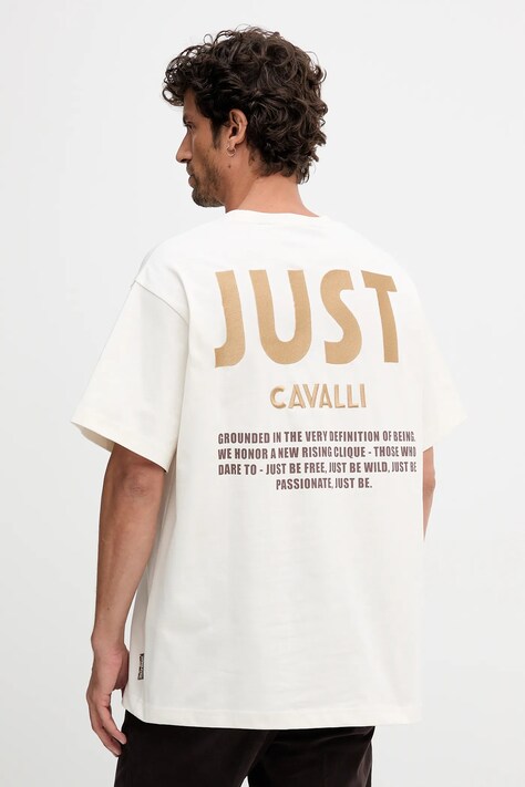 Just Cavalli tricou din bumbac culoarea bej, cu imprimeu, 79OAHT17 CJ518