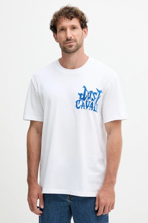 Just Cavalli tricou din bumbac culoarea alb, cu imprimeu, 79OAHE13 CJ110