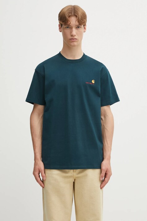 Bavlnené tričko Carhartt WIP S/S American Script pánske, tyrkysová farba, jednofarebné, I029956.0AUXX