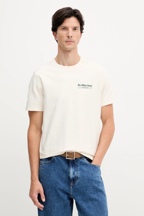 Pamučna majica Tommy Hilfiger boja: bež, s tiskom, MW0MW40008