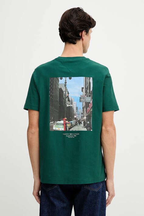 Tommy Hilfiger t-shirt bawełniany męski kolor zielony z nadrukiem MW0MW40010