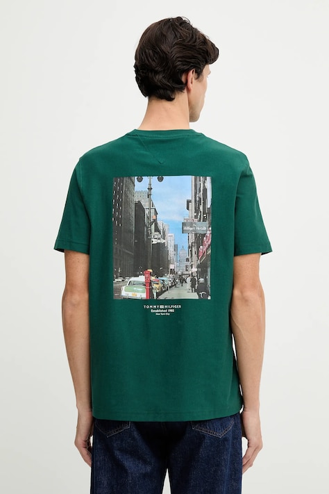 Tommy Hilfiger t-shirt bawełniany męski kolor zielony z nadrukiem MW0MW40010