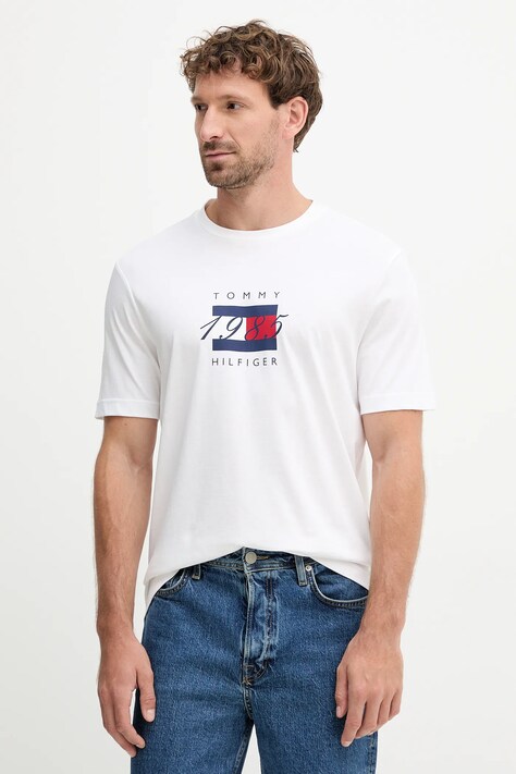 Tommy Hilfiger pamut póló fehér, nyomott mintás, MW0MW41338