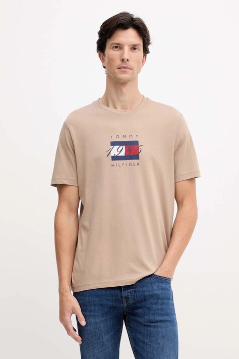Bombažna kratka majica Tommy Hilfiger moška, bež barva, MW0MW41338