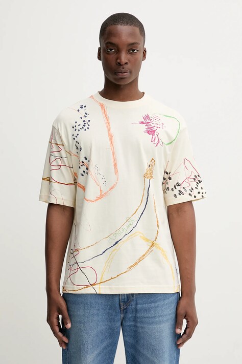 Desigual t-shirt bawełniany JHON męski kolor beżowy wzorzysty 25WMTK03