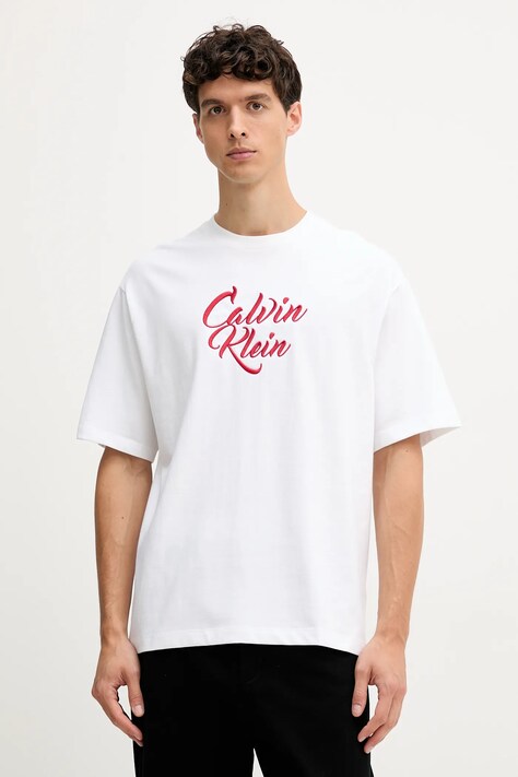 Bavlnené tričko Calvin Klein Jeans pánske, biela farba, s nášivkou, LV04RD801G
