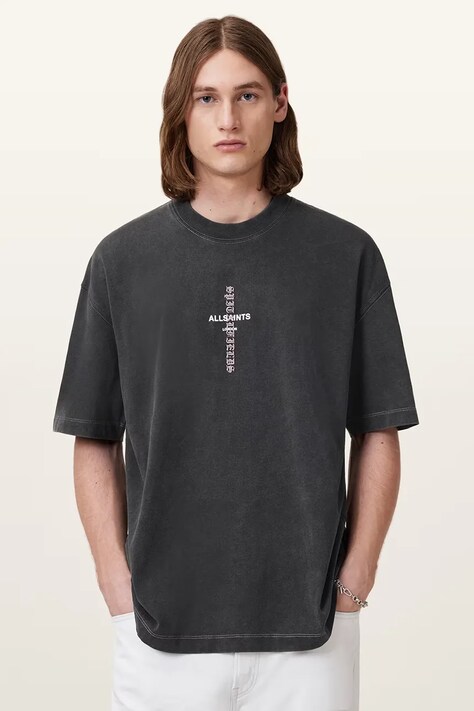 AllSaints tricou din bumbac KNOX culoarea gri, cu imprimeu, M048PC