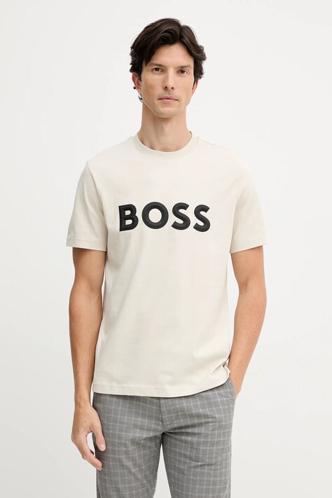 BOSS Green t-shirt bawełniany męski kolor beżowy z nadrukiem 50548411