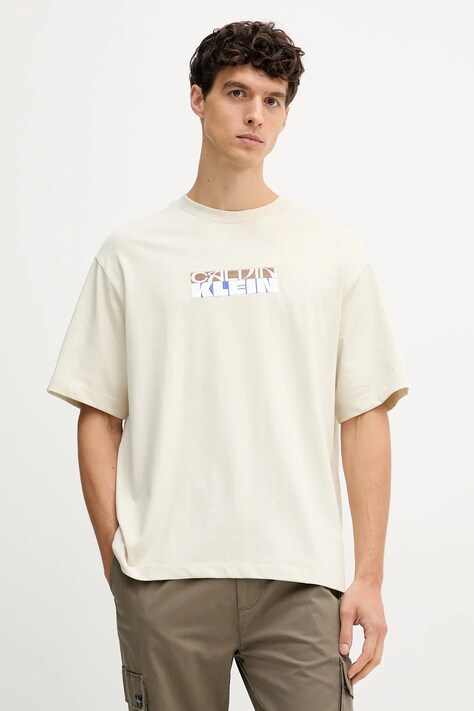 Calvin Klein Jeans t-shirt bawełniany męski kolor beżowy z aplikacją LV04RD808G