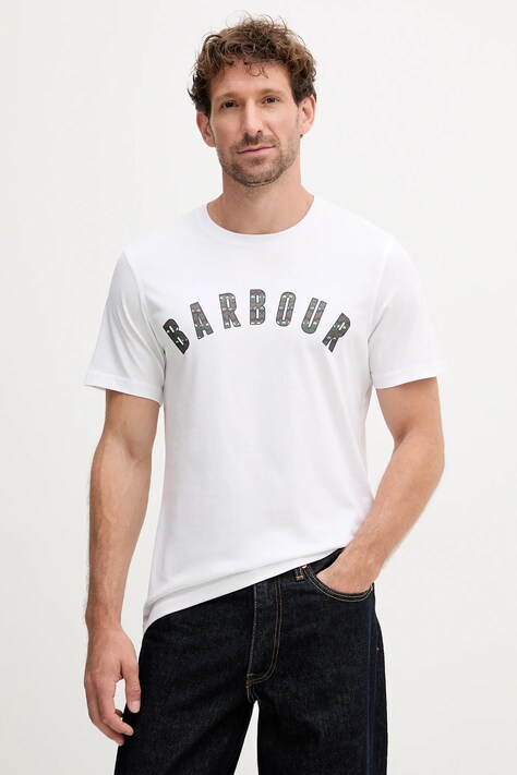 Bavlněné tričko Barbour BOUGHS pánské, bílá barva, s potiskem, MTS1509