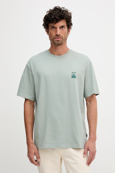 BOSS Orange tricou din bumbac culoarea verde, cu imprimeu, 50551637