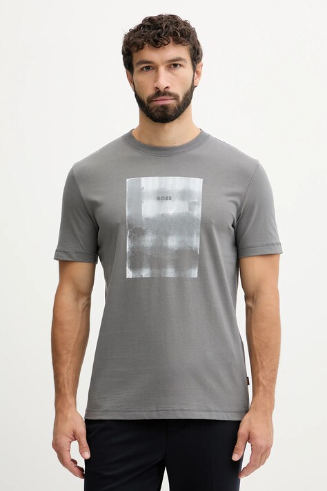 BOSS Orange tricou din bumbac culoarea gri, cu imprimeu, 50554640
