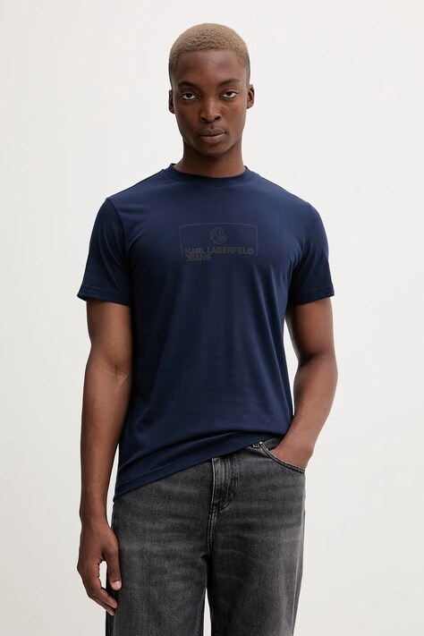 Karl Lagerfeld Jeans tricou din bumbac culoarea bleumarin, cu imprimeu, A4M17020