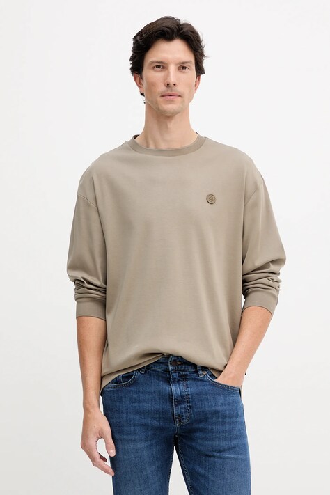 BOSS longsleeve bawełniany kolor zielony gładki 50557846