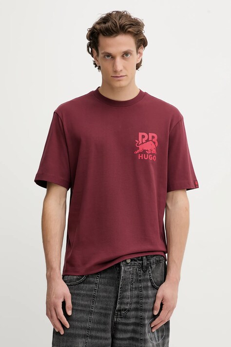 HUGO t-shirt bawełniany męski kolor bordowy z nadrukiem 50549307