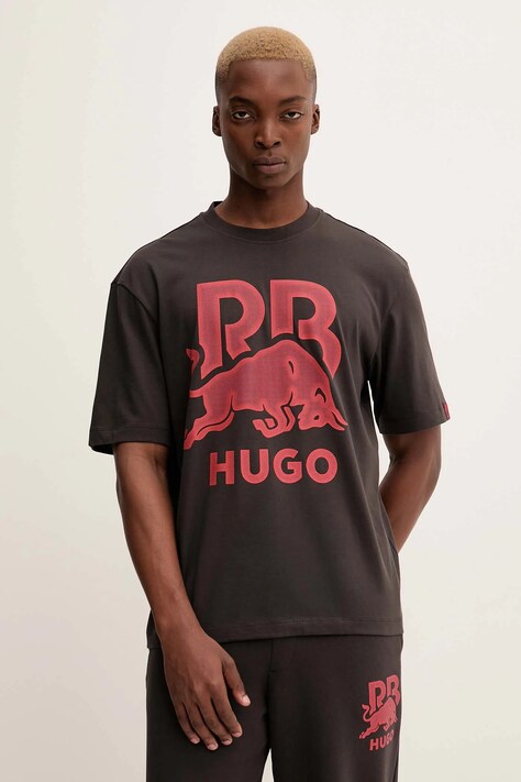 HUGO t-shirt bawełniany męski kolor brązowy z nadrukiem 50551836