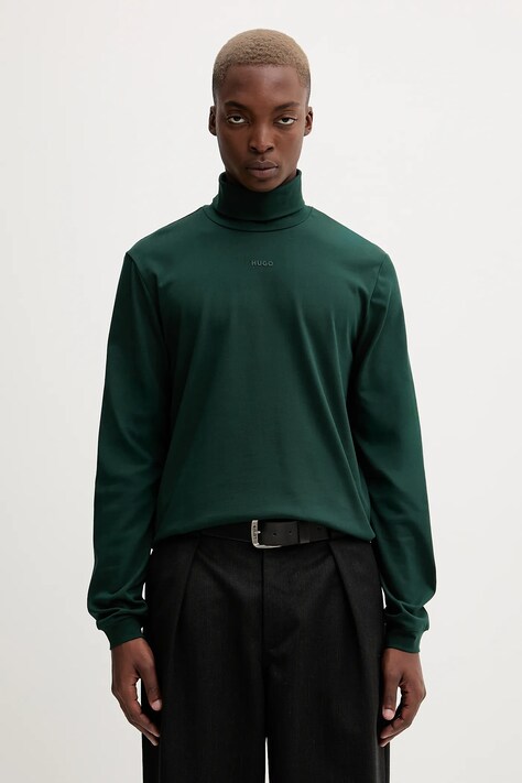 HUGO longsleeve din bumbac culoarea verde, uni, 50547372