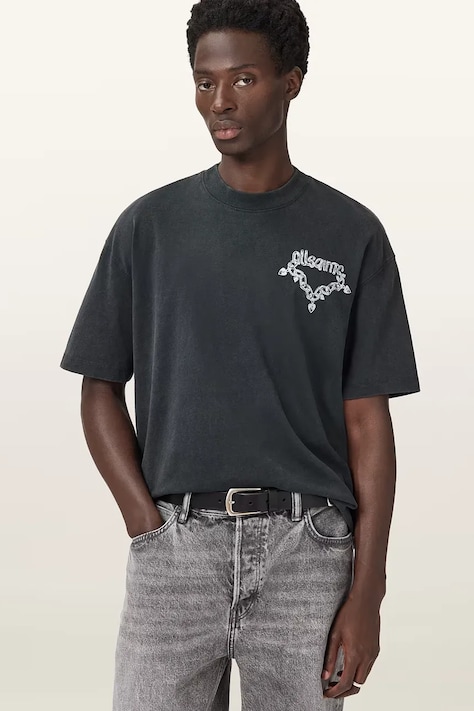 Bavlnené tričko AllSaints DRIP pánske, čierna farba, s potlačou, M005PD