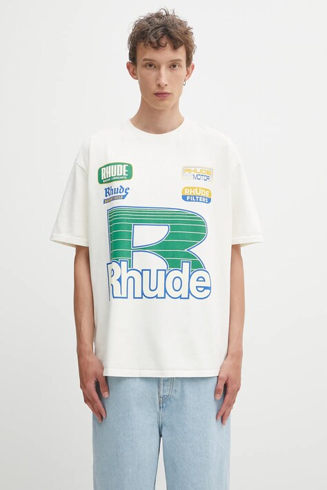 RHUDE tricou din bumbac Roadway Racing culoarea bej, cu imprimeu, RHPF25TT11012