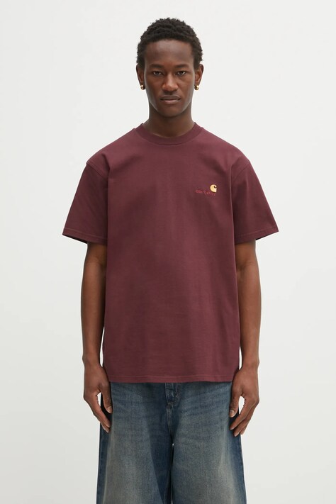 Carhartt WIP tricou din bumbac S/S American Script T-Shirt culoarea bordo, uni, I029956.33KXX