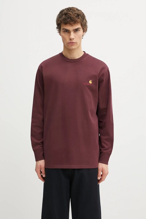 Carhartt WIP longsleeve bawełniany L/S American Script T-Shirt kolor bordowy z aplikacją I029955.33KXX