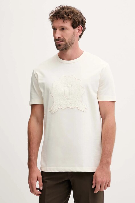 Gant t-shirt bawełniany męski kolor beżowy z aplikacją 2003368