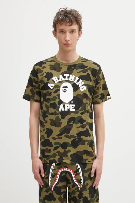 Bavlněné tričko A Bathing Ape Camo College pánské, zelená barva, 001CSL301010M
