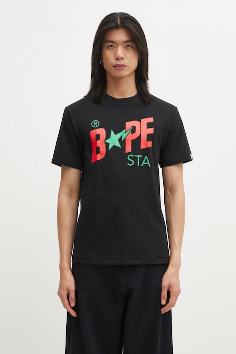 A Bathing Ape t-shirt bawełniany męski kolor czarny z nadrukiem 001TEL301022M