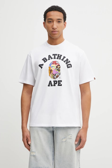 A Bathing Ape t-shirt bawełniany Multi Logo College męski kolor biały z nadrukiem 1L30110358
