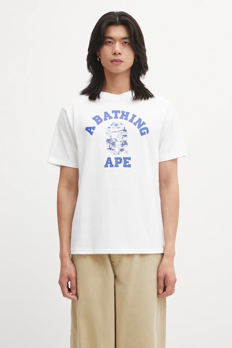 A Bathing Ape t-shirt bawełniany Palm Tree Camo College męski kolor biały z nadrukiem 1L30110025