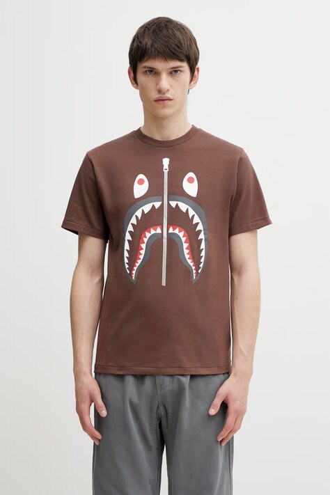 Bavlněné tričko A Bathing Ape Shark pánské, hnědá barva, s potiskem, 001TEL801003M