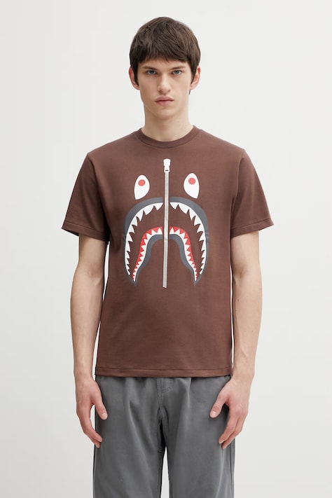 Bavlněné tričko A Bathing Ape Shark pánské, hnědá barva, s potiskem, 001TEL801003M