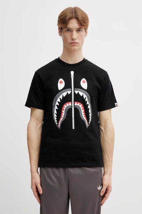 A Bathing Ape t-shirt bawełniany Shark męski kolor czarny z nadrukiem 001TEL801003M