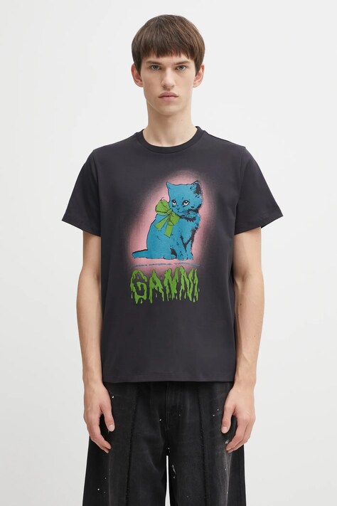 GANNI t-shirt bawełniany Basic Cotton Jersey Neon Kitty kolor szary z nadrukiem T4340