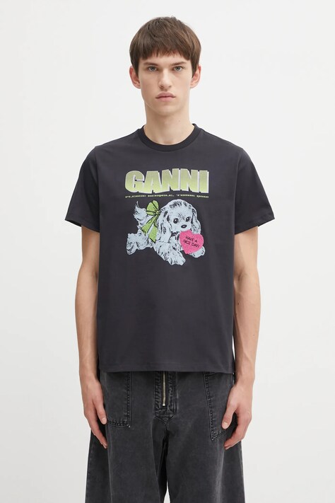 GANNI t-shirt bawełniany Basic Cotton Jersey Neon Puppy kolor szary z nadrukiem T4333