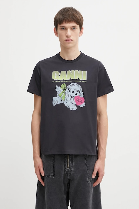 Бавовняна футболка GANNI Basic Cotton Jersey Neon Puppy колір сірий з принтом T4333