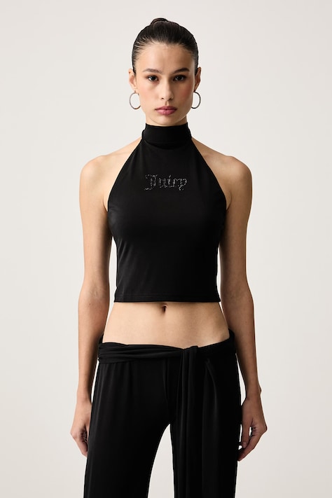 Juicy Couture Top ženski z viskozo WESLEY TIE BACK TOP črn JCWCT226331