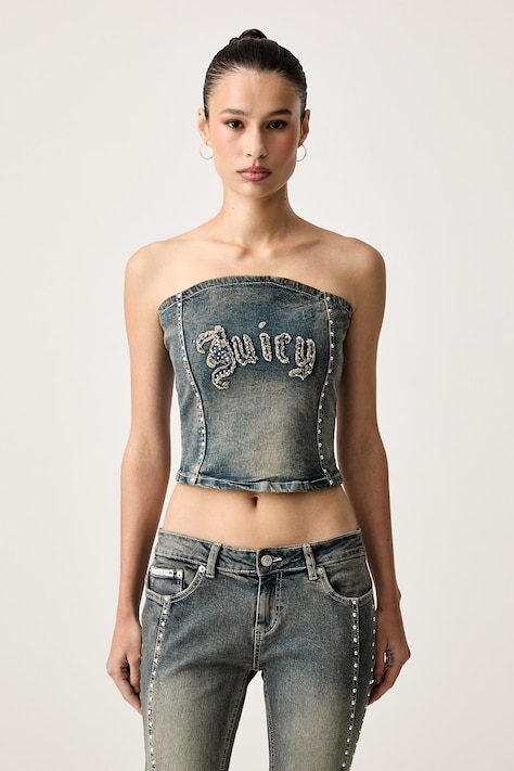 Juicy Couture Top dámsky rifľový STUD CORSET modrý hladký JCDCT226955