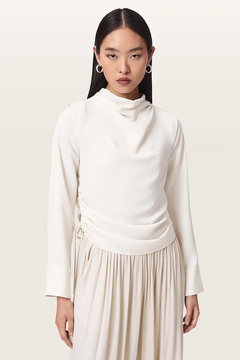 AllSaints Bluzka damska LESLIE beżowa gładka W164PC