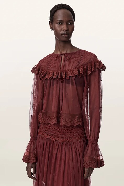 AllSaints Bluzka z falbanką damska koronkowa UNRULY SUSIE LS TEE bordowa W065PE