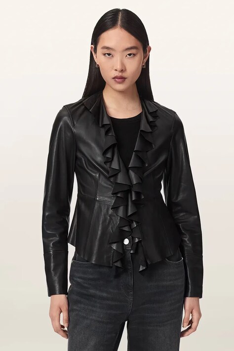 AllSaints Bluzka koszulowa damska skórzana LUANA LEA SHIRT czarna gładka W029PF