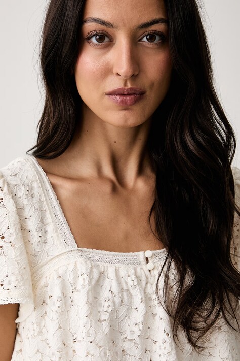 Levi's μπλούζα με βολάν γυναικεία δαντελένια DOM SS LACE BLOUSE μπεζ απλή 007XH