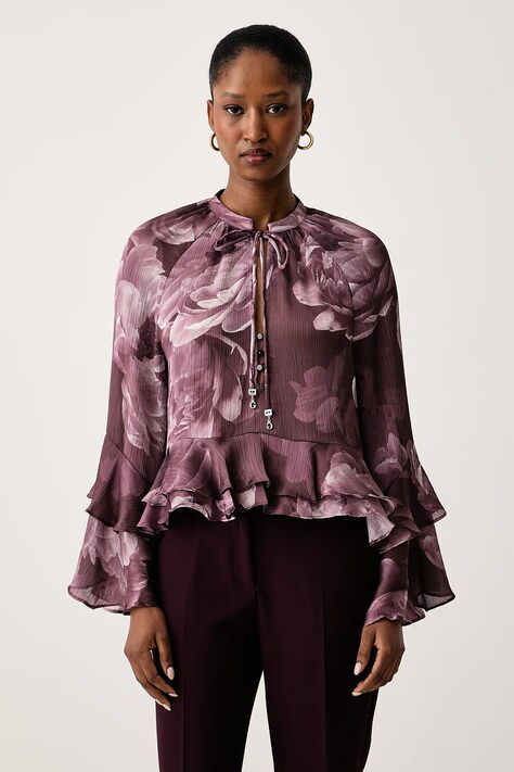 Guess Bluzka z falbanką damska NICOLE różowa z motywem roślinnym W6BH45 W4235