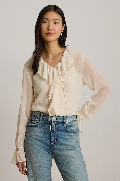 Lauren Ralph Lauren bluzka z falbanką damska beżowa gładka 200P14017