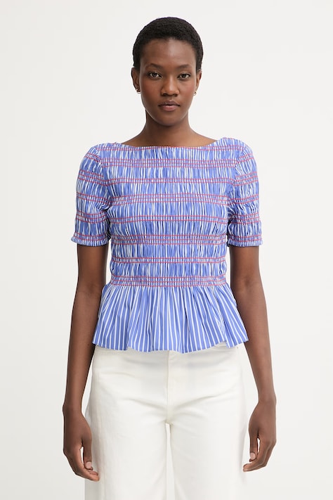 Tommy Hilfiger bluzka z falbanką damska z bawełną niebieska w paski WW0WW49886