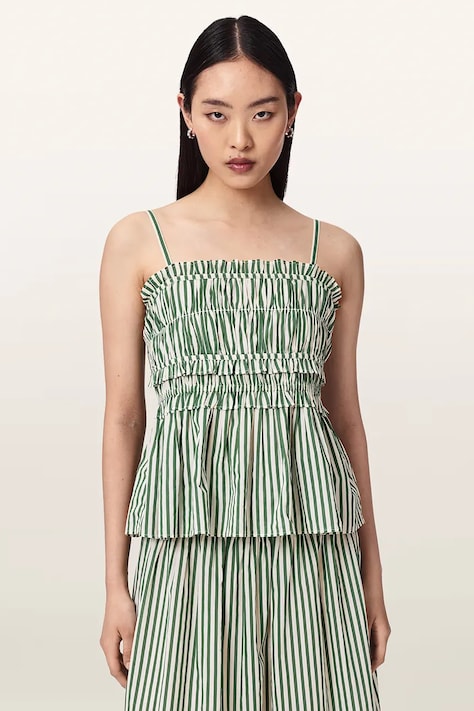 AllSaints bluză cu volane pentru femei, din bumbac KALI verde W089PE