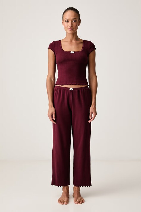 Karl Lagerfeld Pijama din două piese pentru femei cu bumbac burgundă B4W45014